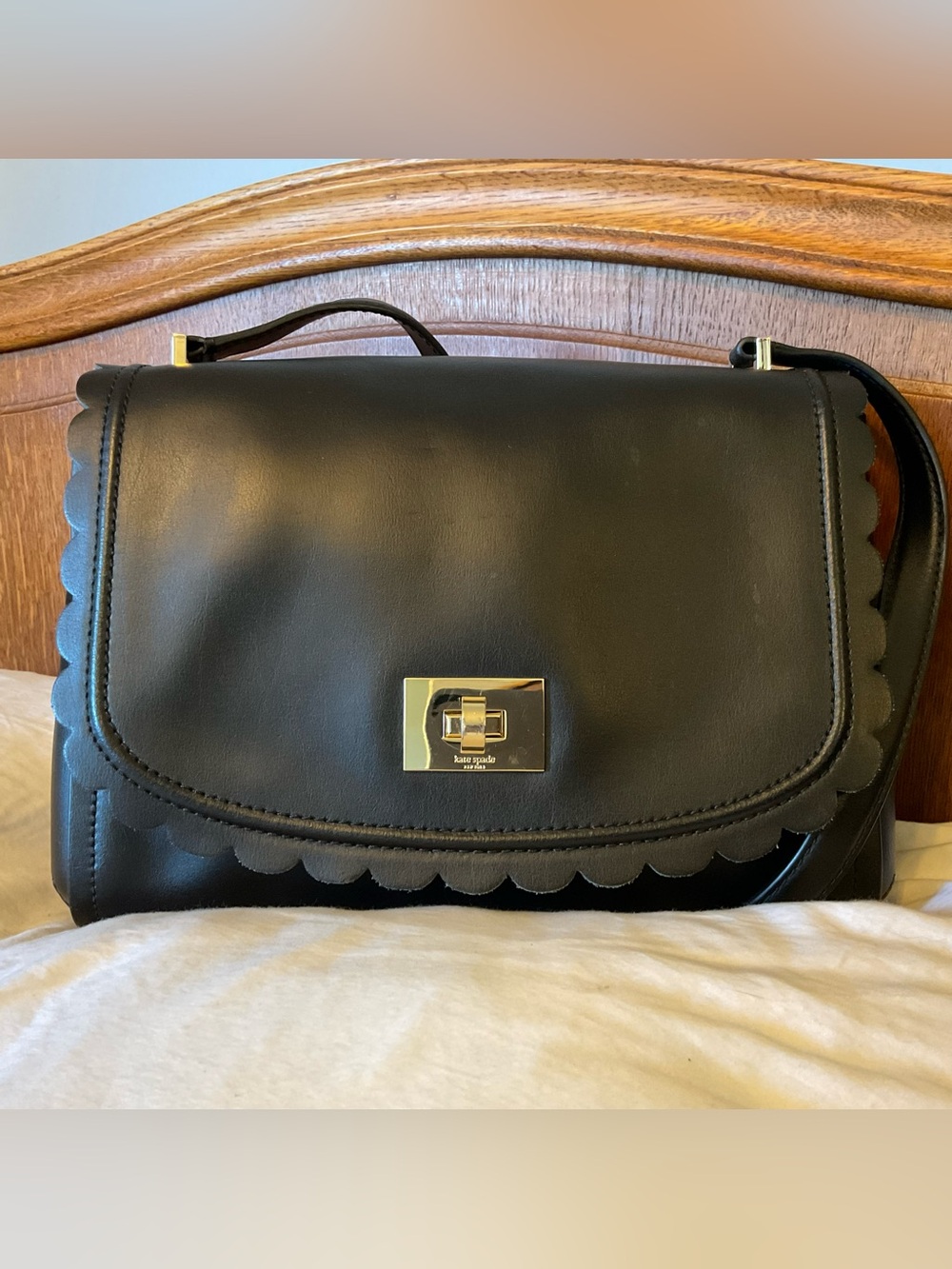 kate spade Black Leather Scallop-Edge Satchel with Gold Hardware